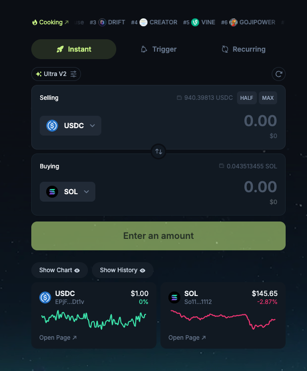 Screenshot of Jupiter Exchange token swap interface on Solana.