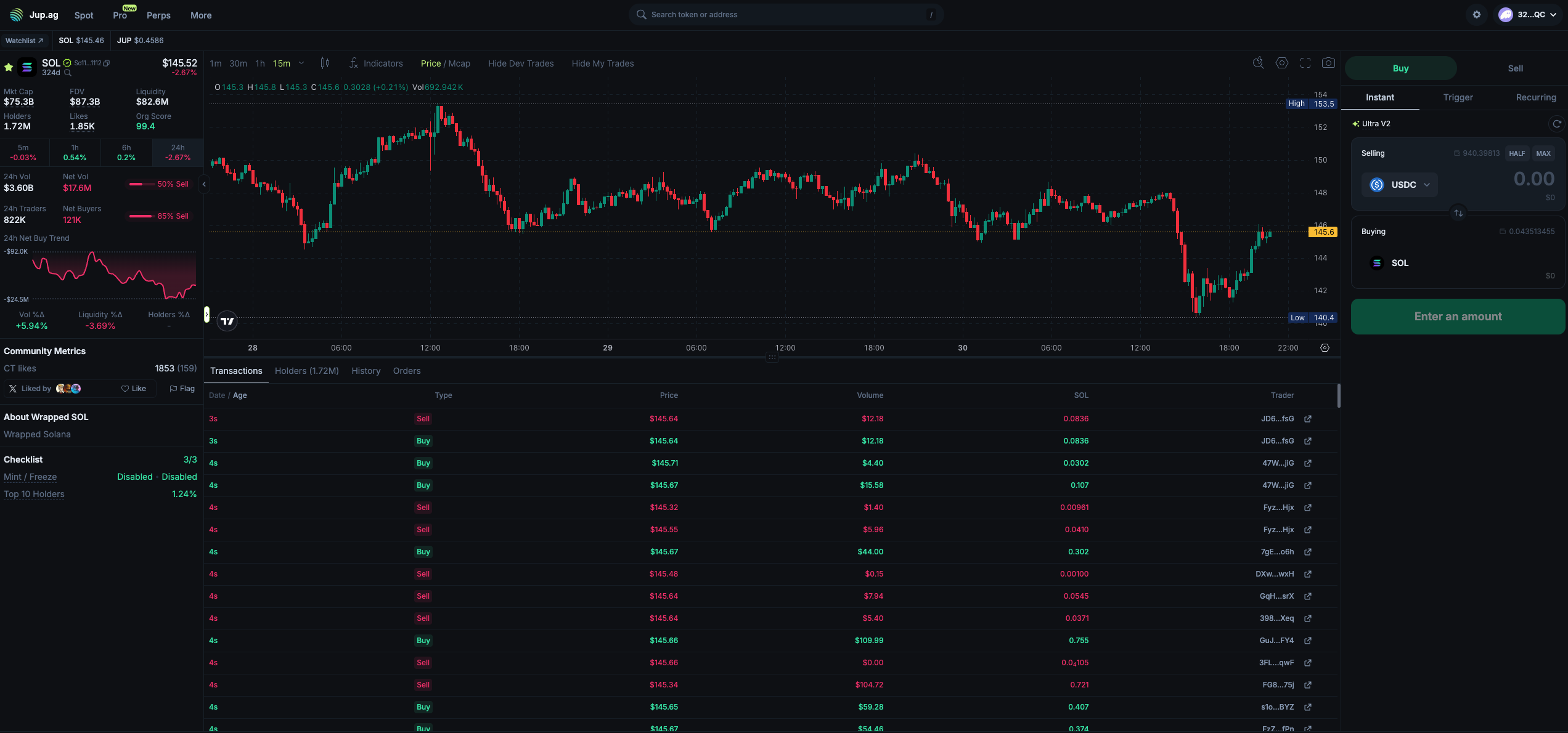 Dashboard view of Jupiter Pro showing candlestick chart, market depth, and swap panel.