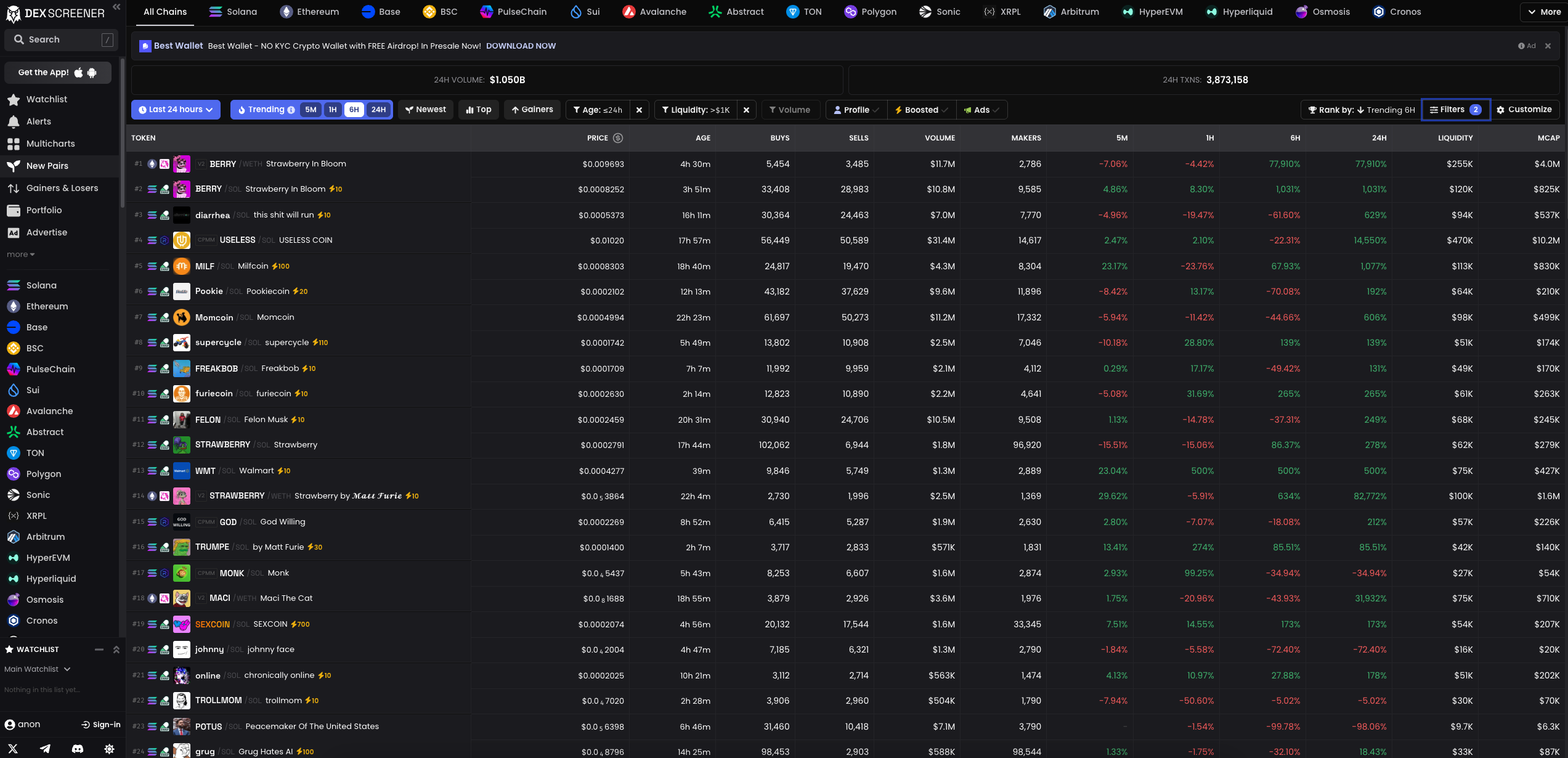 Screenshot from Dex Screener showing the newest meme coin pairs created in the past 24 hours.