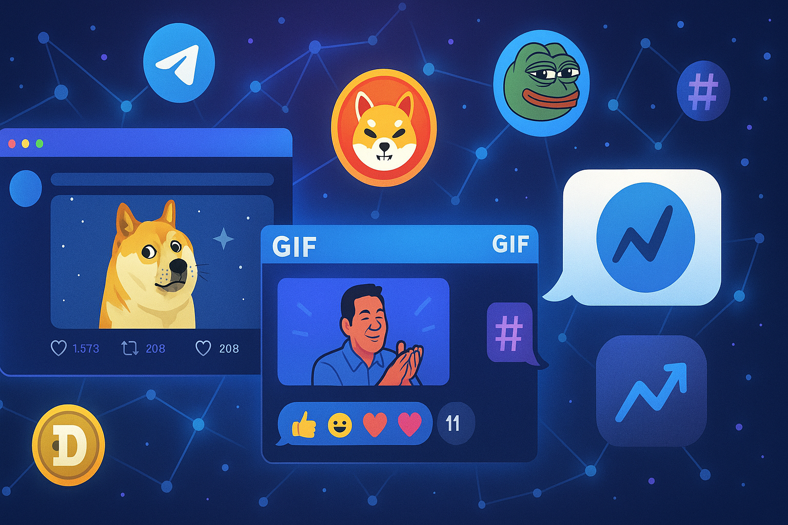 Social media screens and meme coin icons like Dogecoin, Shiba Inu, and Pepe representing the cultural impact of meme coins online