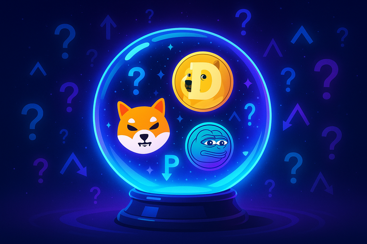 Crystal ball glowing with Dogecoin, Shiba Inu, and Pepe logos surrounded by question marks and arrows, representing meme coin uncertainty