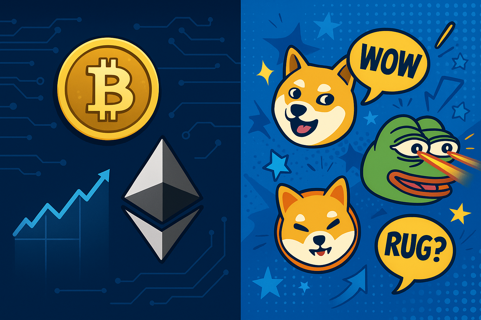 Split illustration comparing traditional cryptocurrencies like Bitcoin and Ethereum with meme coins like Dogecoin, Shiba Inu, and Pepe in comic style