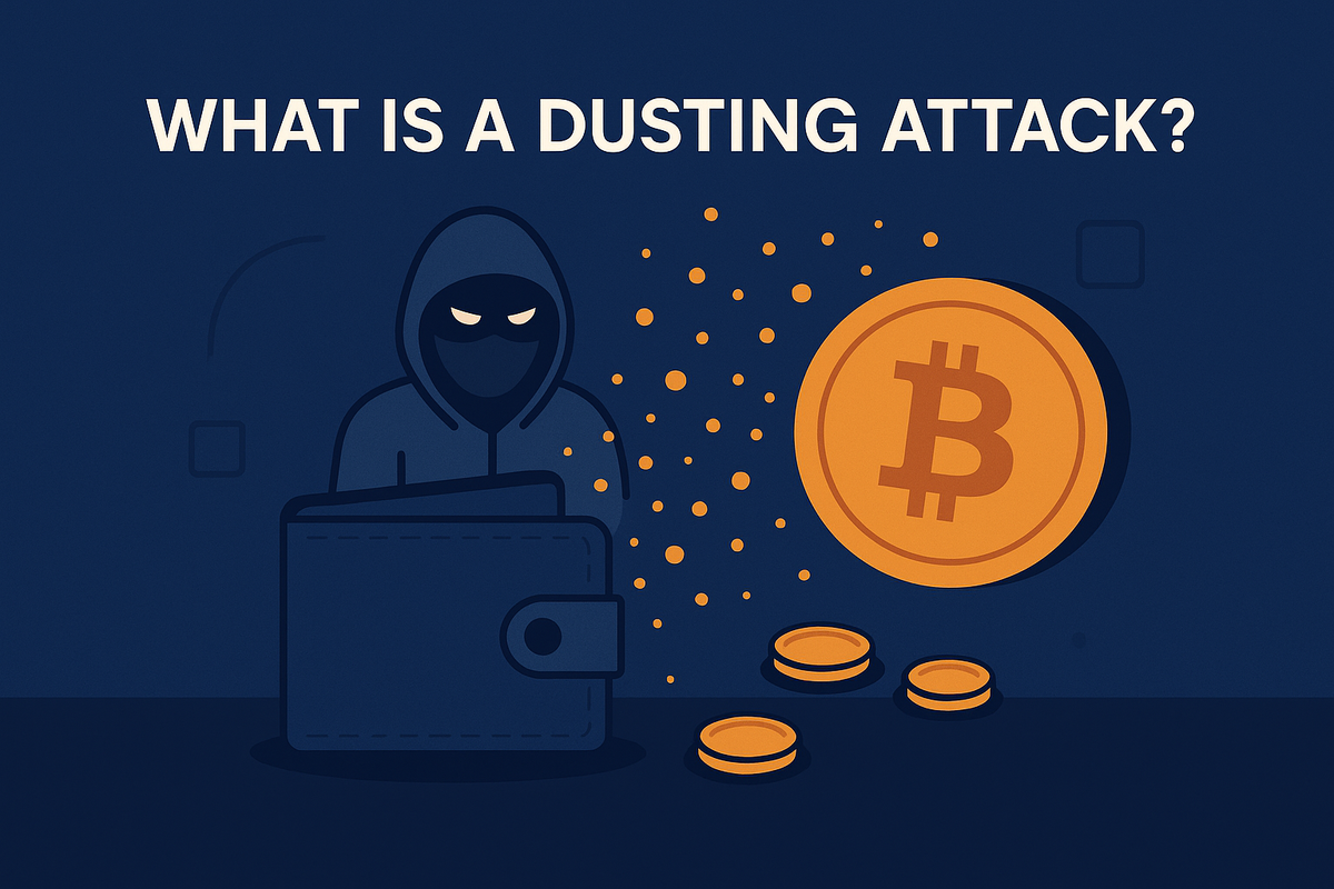 Illustration of a hooded hacker, Bitcoin icon, and scattered dust particles symbolizing a crypto dusting attack.