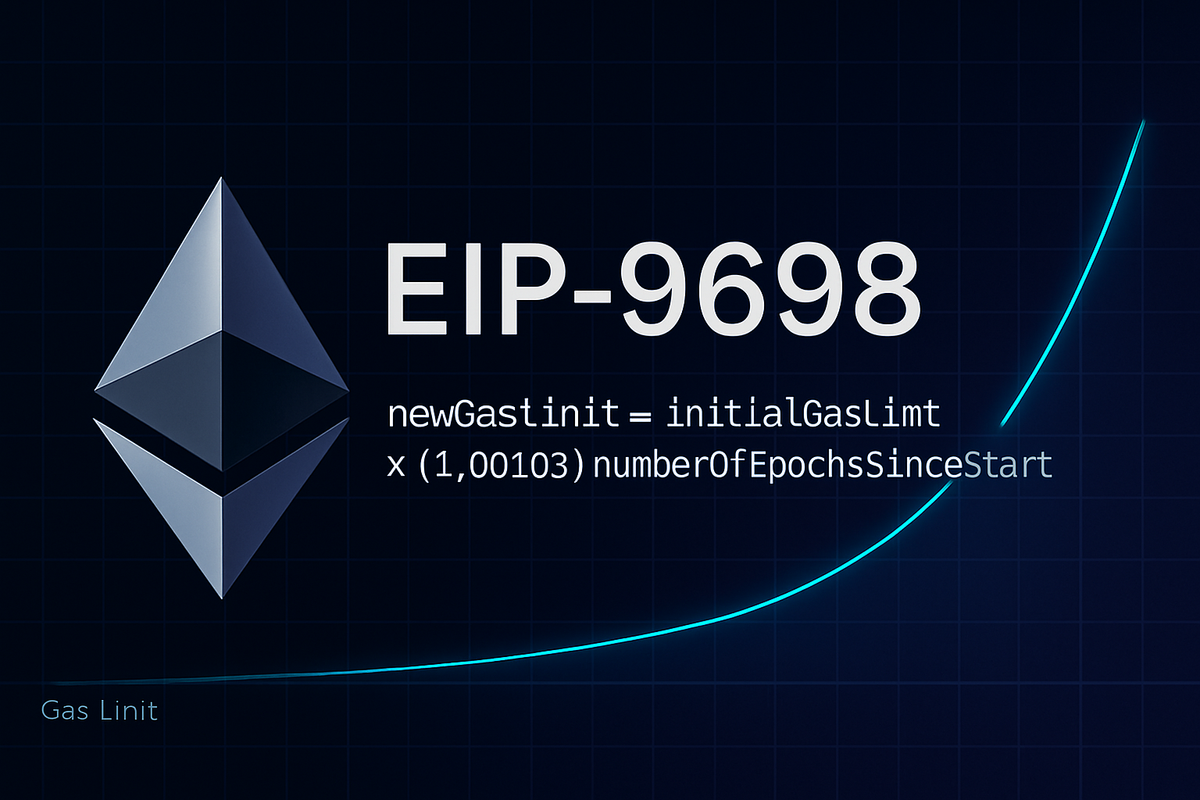 Ethereum EIP-9698 cover image with a metallic Ethereum logo, minimal text, exponential gas growth curve, and formula on a dark grid background.
