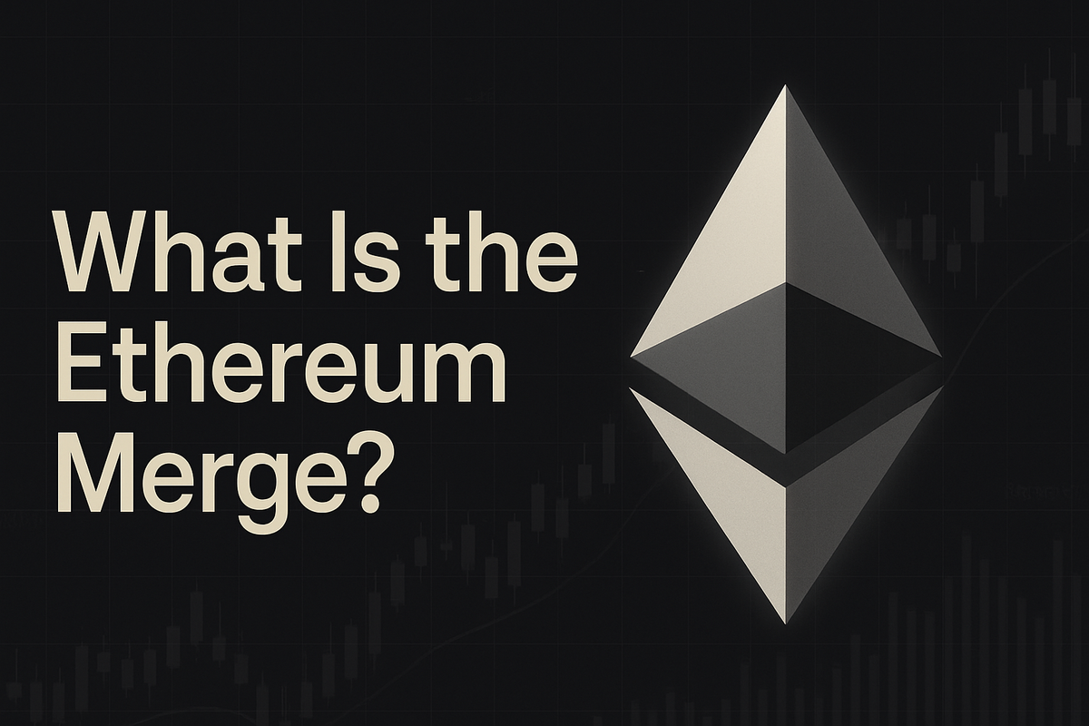 Ethereum Merge cover image with dark background, beige text, and 3D Ethereum logo