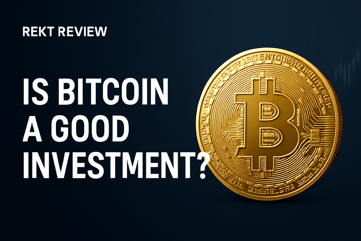 Cover image for Rekt Review article 'Is Bitcoin a Good Investment?' showing white text on a navy background with a gold Bitcoin coin on the right side.