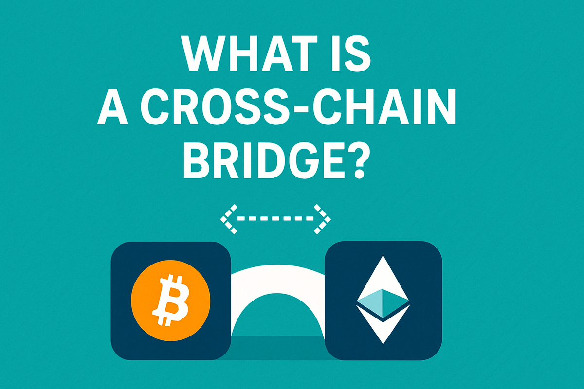 Illustration showing how a cross-chain bridge connects blockchain networks like Bitcoin and Ethereum for seamless asset transfers.