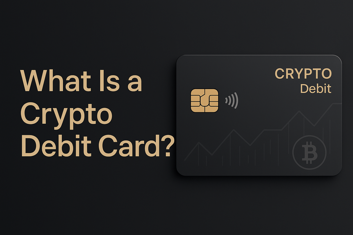 Cover image showing the title 'What Is a Crypto Debit Card?' alongside a digital crypto card with financial chart motifs on a dark background.
