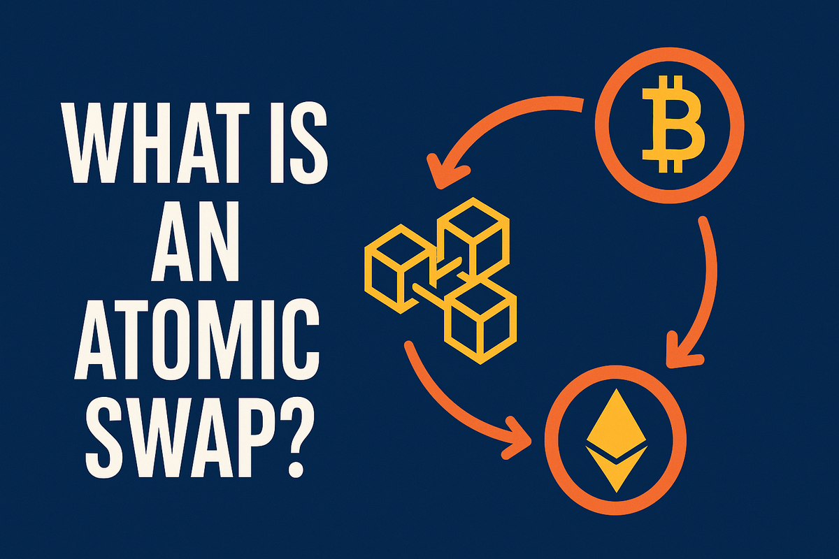 “What Is an Atomic Swap?” text with Bitcoin and Ethereum icons connected by arrows, symbolizing cross-chain trading on a deep blue background.