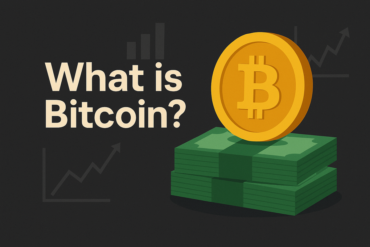 Flat illustration of a Bitcoin coin on stacked cash beside the text “What is Bitcoin?” with chart icons in the background.