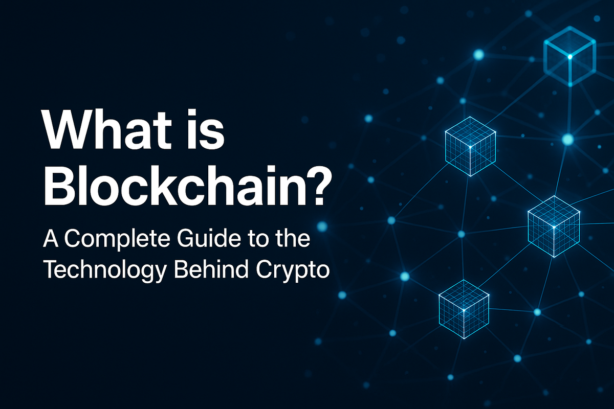 What is Blockchain? wide-format cover image with glowing blockchain cubes and connected nodes on dark blue gradient background.