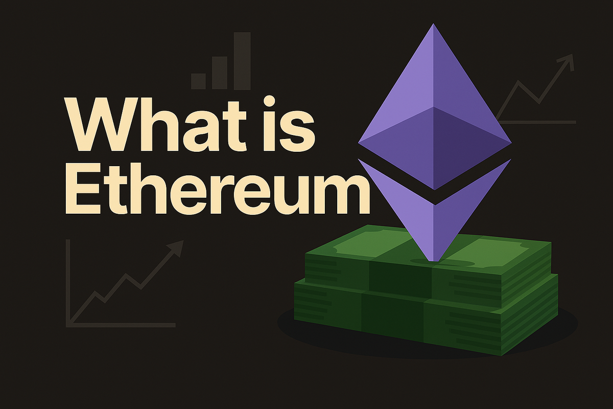 Ethereum cover image with title text, logo, and financial icons on a dark background.