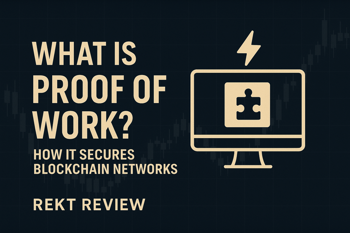Illustration explaining Proof of Work (PoW) in blockchain security, featuring a puzzle icon and computer graphic on a dark background