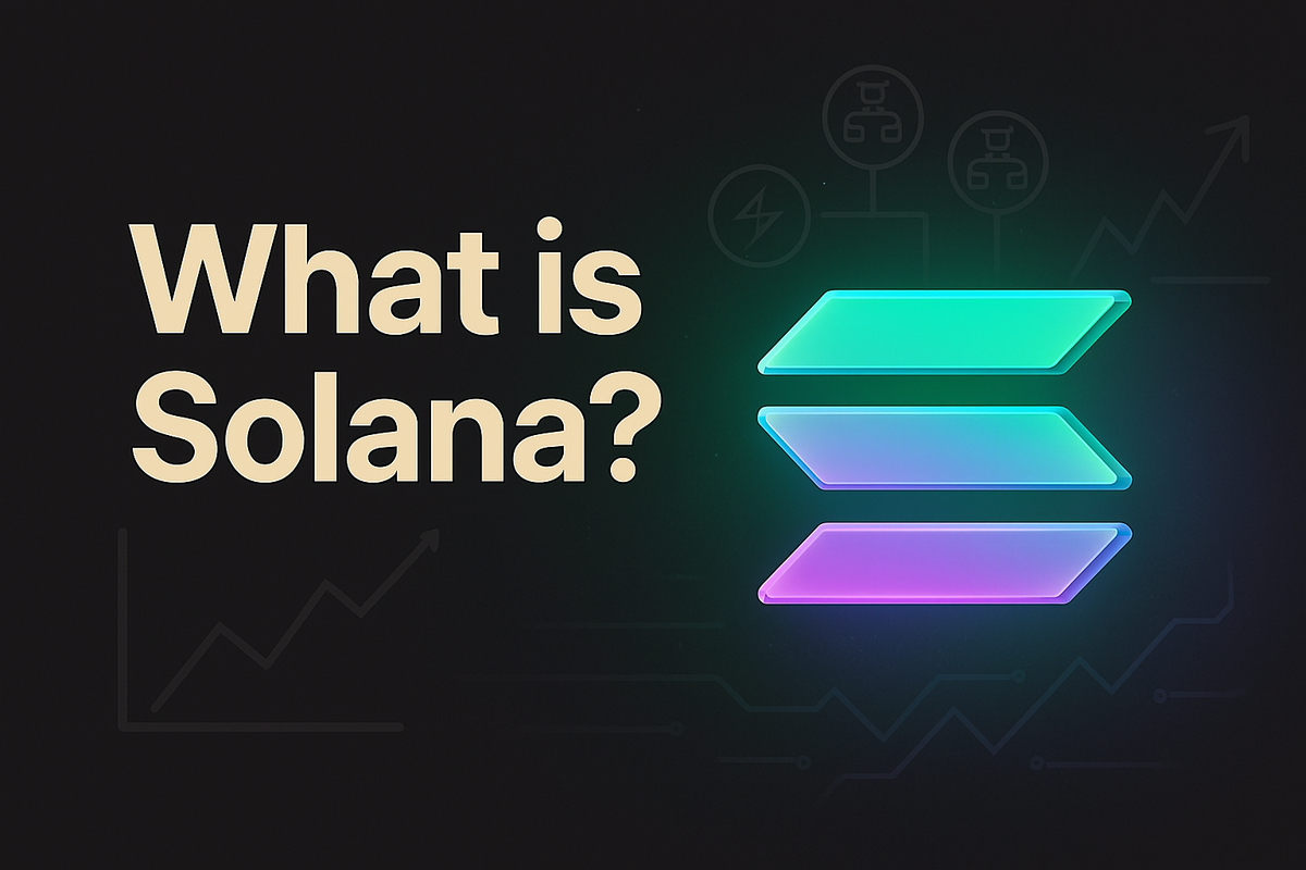 What is Solana? Logo and crypto charts on dark background.