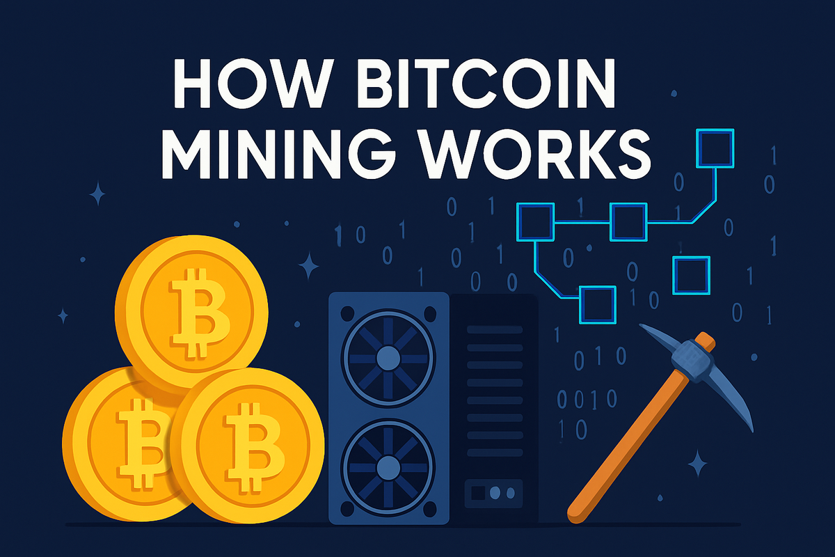 Illustration showing Bitcoin mining equipment, gold Bitcoin coins, a pickaxe, and blockchain graphics beneath the title “How Bitcoin Mining Works” on a dark blue background.