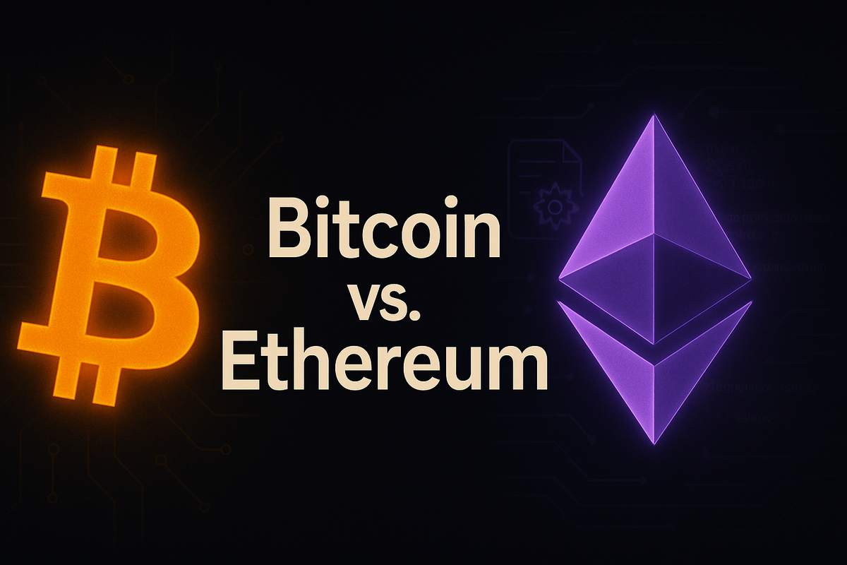 Bitcoin vs. Ethereum comparison graphic showing glowing Bitcoin and Ethereum logos with circuit background