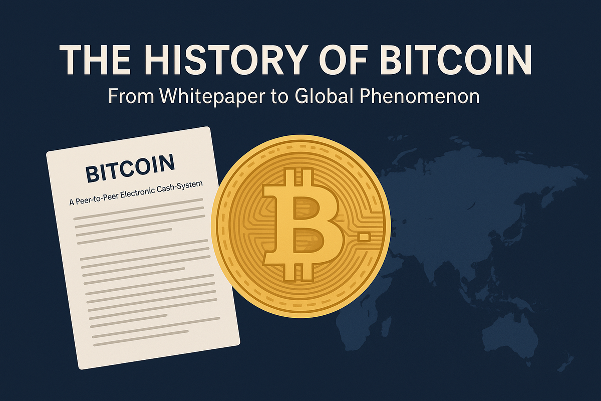 Illustration of Bitcoin's history showing a Bitcoin coin, the whitepaper, and a world map on a dark background
