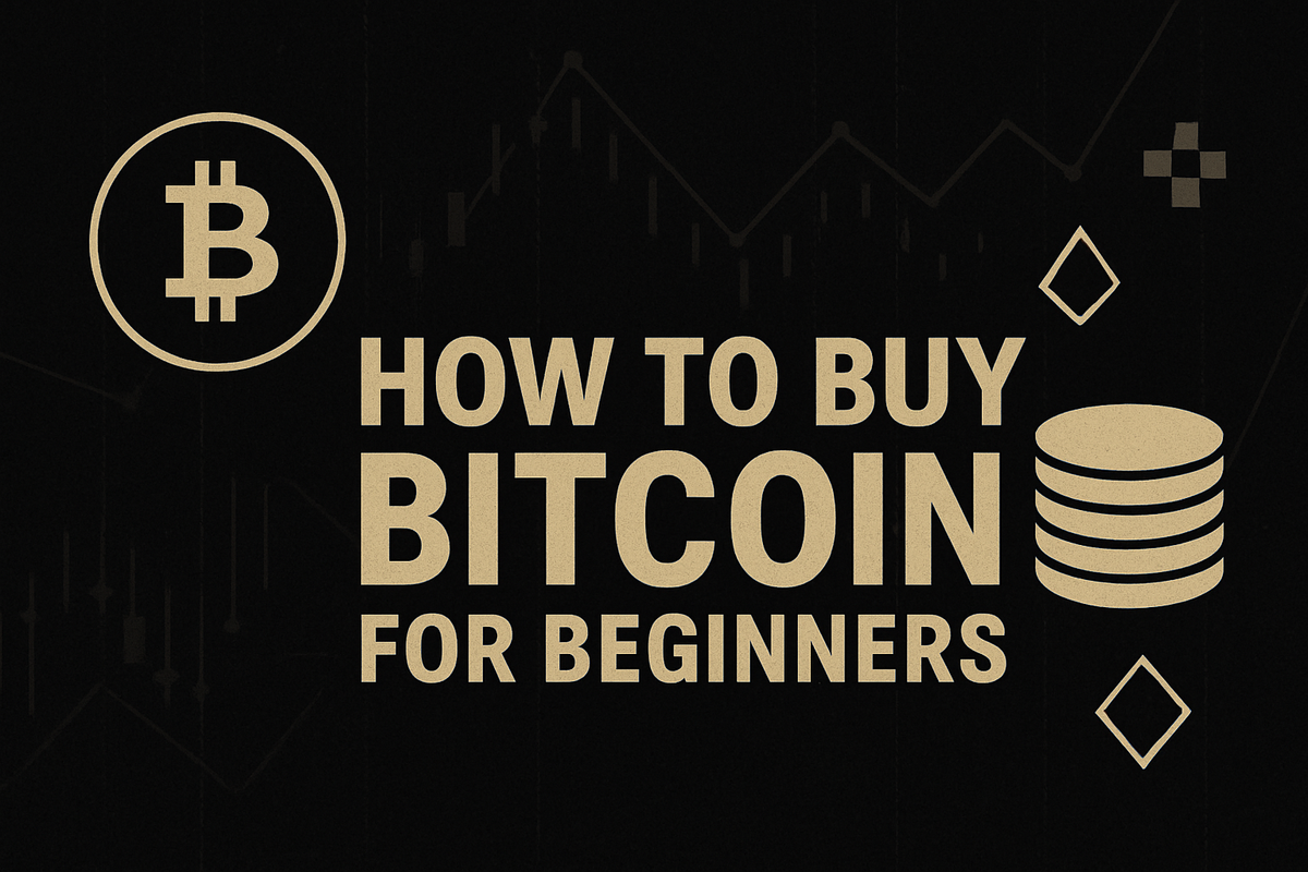 How to Buy Bitcoin for Beginners: A digital cover with bold text and Bitcoin iconography on a dark background