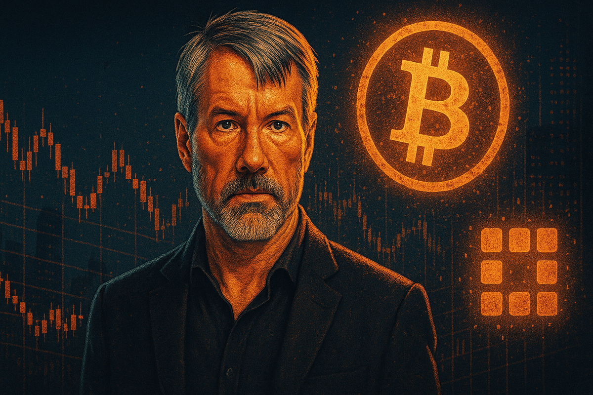 Michael Saylor stands in front of glowing Bitcoin and chart symbols in a dark, cyberpunk-style crypto background.
