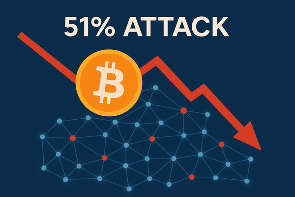 Bitcoin symbol and red arrow over blockchain nodes, illustrating a 51% attack on a crypto network