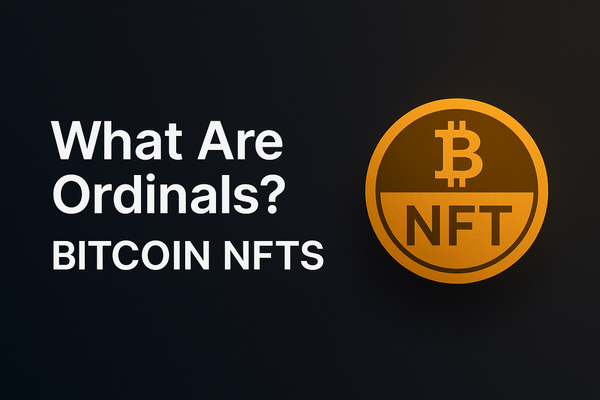 Bitcoin Ordinals cover image with centered white title text and a Bitcoin NFT icon on a dark gradient background.