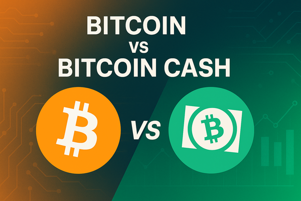 Bitcoin vs Bitcoin Cash cover image showing logos, a comparison split design, and a financial chart background.