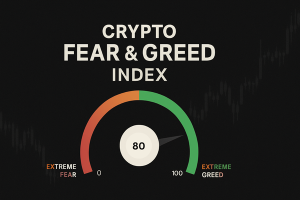 Crypto Fear and Greed Index gauge showing a value of 80 indicating extreme greed, displayed on a dark background with subtle candlestick patterns.
