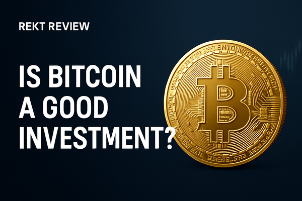 Cover image for Rekt Review article 'Is Bitcoin a Good Investment?' showing white text on a navy background with a gold Bitcoin coin on the right side.