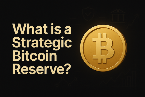 A gold Bitcoin coin standing on a dark surface with a blurred digital chart in the background, symbolizing Bitcoin's role as a financial reserve asset.
