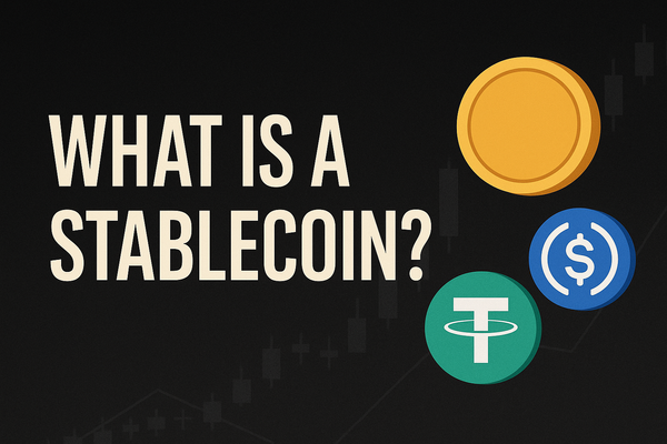 What is a Stablecoin? Cover image featuring USDT, USDC, and a gold coin icon on a dark background with subtle candlestick charts.