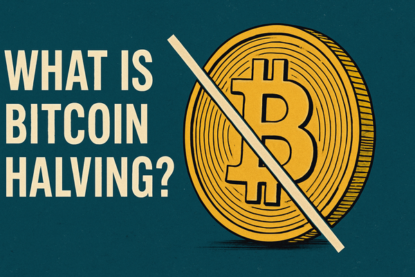 A digital illustration showing a golden Bitcoin coin with a slash across it, and the text "What Is Bitcoin Halving?" on a blue background.