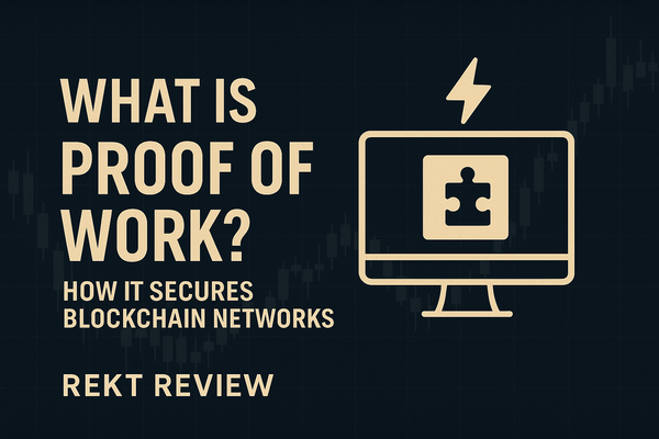 Illustration explaining Proof of Work (PoW) in blockchain security, featuring a puzzle icon and computer graphic on a dark background