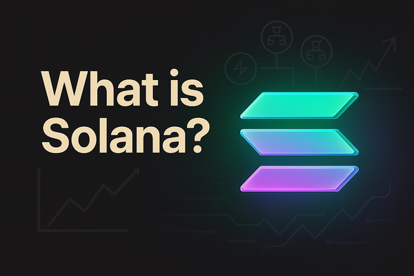 What is Solana? Logo and crypto charts on dark background.