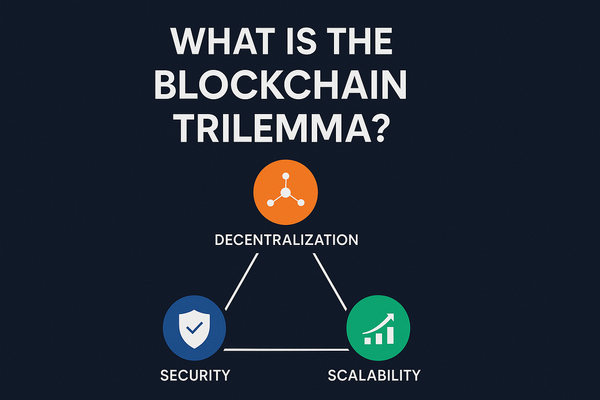 Digital illustration of the Blockchain Trilemma showing Decentralization, Security, and Scalability in a triangular design with icons and bold typography.