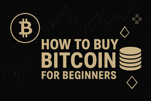 How to Buy Bitcoin for Beginners: A digital cover with bold text and Bitcoin iconography on a dark background