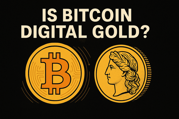 Bitcoin symbol and gold coin side by side under the title 'Is Bitcoin Digital Gold?' on a dark background