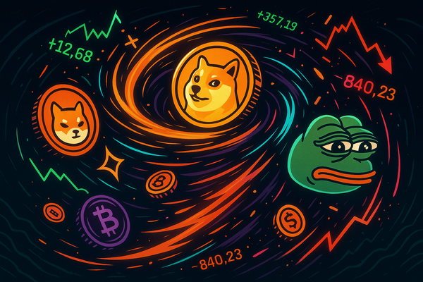 Illustration of Dogecoin, Shiba Inu, and Pepe meme coins swirling in a neon vortex with crypto symbols and charts, representing meme coin volatility