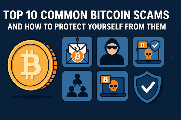 Infographic of the top 10 Bitcoin scams and protection tips, featuring a Bitcoin coin, scam icons (phishing, fraud, malware), and a security shield.
