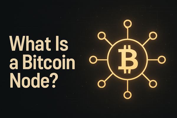 Bitcoin node network diagram with central Bitcoin symbol connected to surrounding nodes, next to beige text on dark background.
