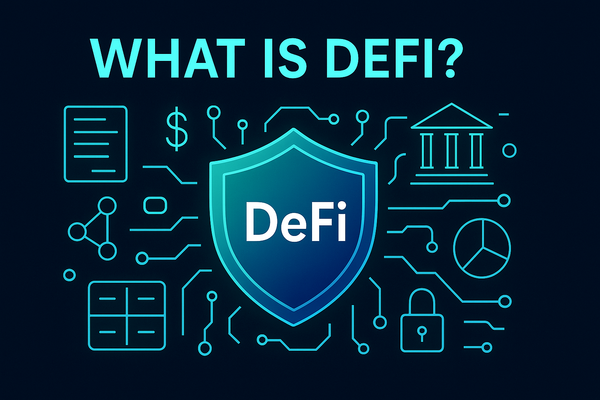 cover image titled "WHAT IS DEFI?" with a glowing blue shield labeled "DeFi" surrounded by finance and blockchain icons, on a dark background.