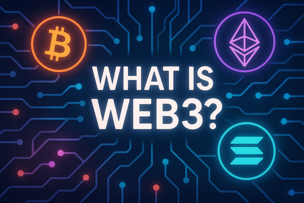 Futuristic cover image asking “What is Web3?” with neon cryptocurrency symbols and a digital circuit backdrop